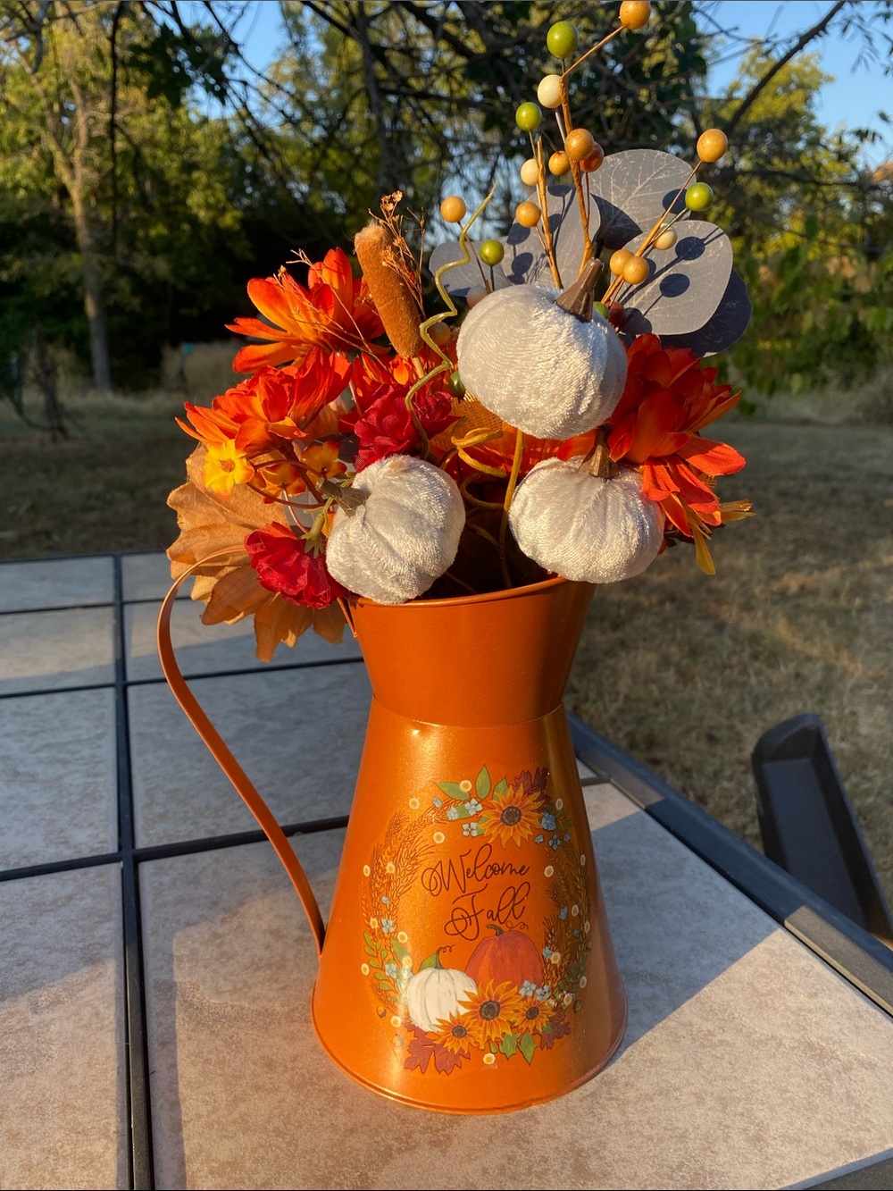 Welcome Fall Orange Metal Pitcher Table Centerpiece Dancing With Terri Gallery